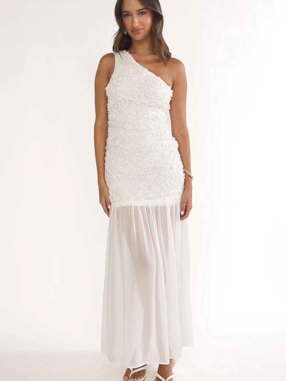 Selfie Leslie One-Shoulder White Floral Appliqué Maxi Dress